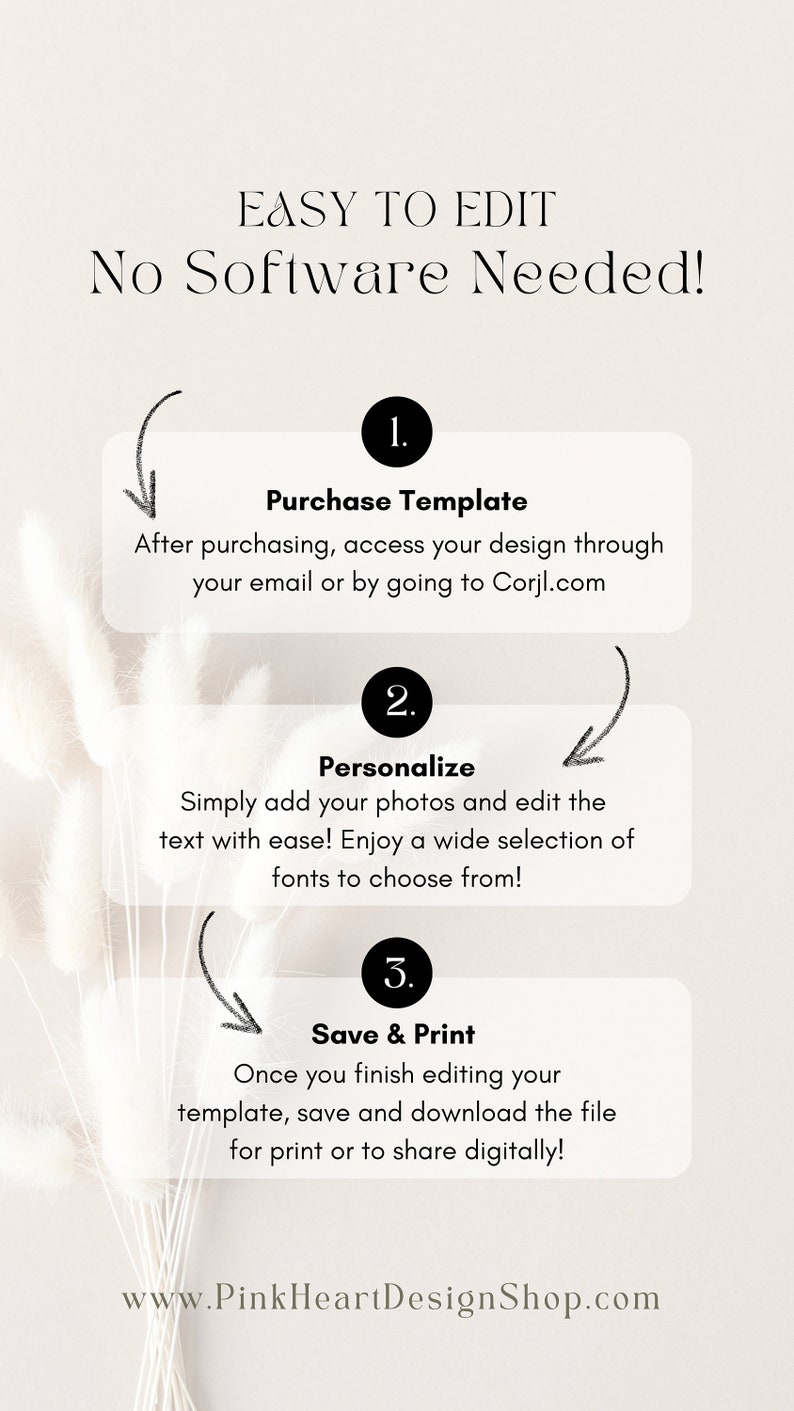 May include: A white background with a graphic showing three steps to personalize a template. The steps are: 1. Purchase Template, 2. Personalize, and 3. Save & Print. The text says "Easy to Edit, No Software Needed!" and "After purchasing, access your design through your email or by going to Corjl.com". The text also says "Simply add your photos and edit the text with ease! Enjoy a wide selection of fonts to choose from!" and "Once you finish editing your template, save and download the file for print or to share digitally!" The text at the bottom says "www.PinkHeartDesignShop.com".