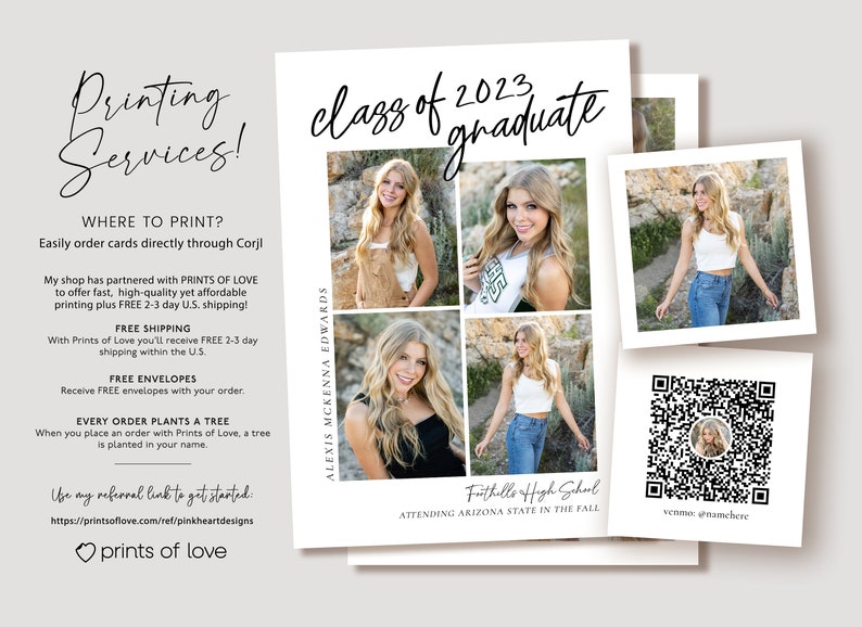 May include: A graduation announcement with a collage of photos of a young woman in a white top and blue jeans. The announcement includes the text "class of 2023 graduate", "Frithills High School", "ATTENDING ARIZONA STATE IN THE FALL", and "venmo @namehere".