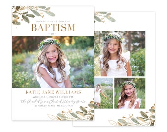 LDS Baptism Invitation Girl: Gold Olive Leaf Template (Photoshop)