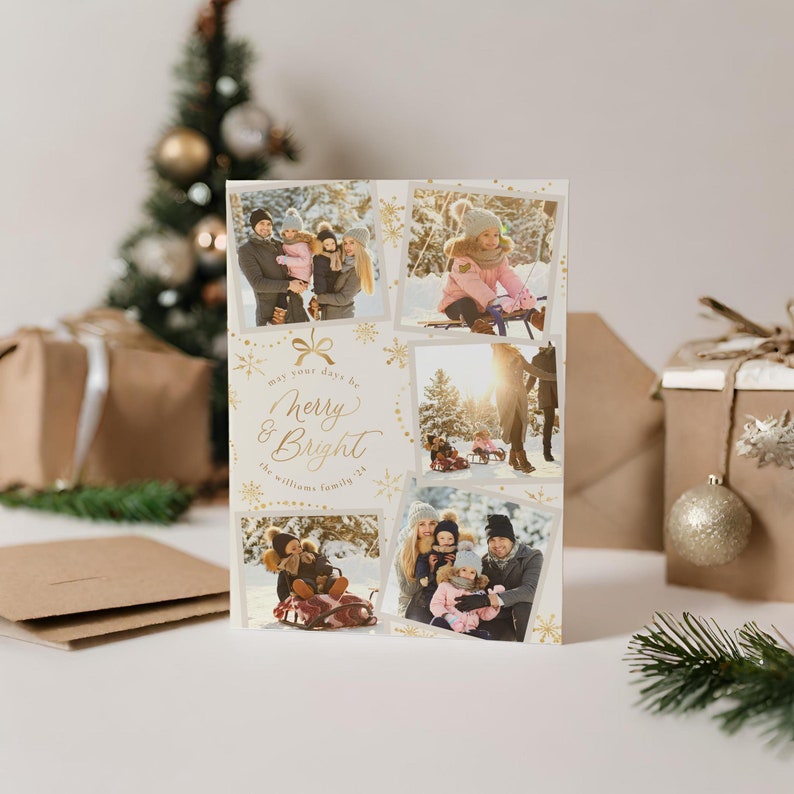 May include: A Christmas card featuring a collage of photos of a family enjoying winter activities. The card has a gold background with snowflakes and the text "May your days be Merry & Bright" with the family's name below.