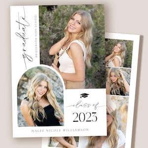 May include: Graduation announcement card with a collage of photos of a young woman. The card features the text "graduate" and "class of 2023" with a graduation cap icon. The name "Halee Nicole Williamson" is printed below the year.