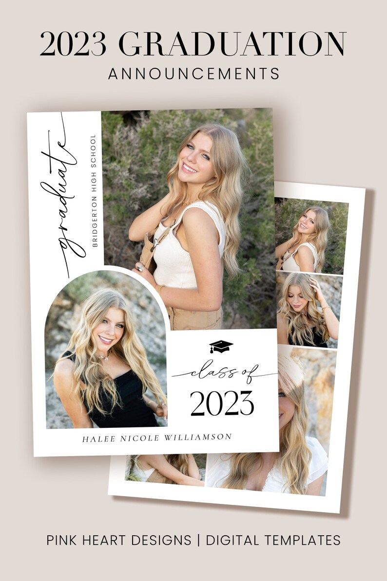 May include: Graduation announcement card with a collage of photos of a young woman. The card features the text "graduate" and "class of 2023" with a graduation cap icon. The name "Halee Nicole Williamson" is printed below the year.