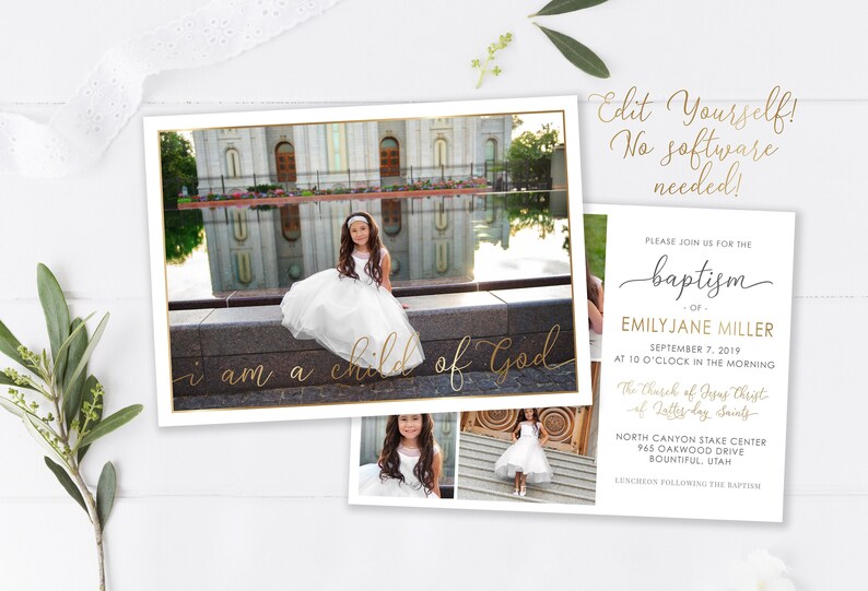 May include: A baptism invitation with a photo of a young girl in a white dress in front of a temple. The text on the invitation reads "Please join us for the baptism of Emily Jane Miller, September 7, 2019 at 10 o'clock in the morning, The Church of Jesus Christ of Latter-day Saints, North Canyon Stake Center, 965 Oakwood Drive, Bountiful, Utah, Luncheon following the baptism."