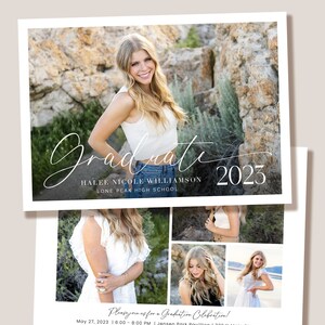 K&ouml;nnte beinhalten: Abschlussanzeigekarte mit einem Foto einer jungen Frau in einem wei&szlig;en Oberteil und Jeans. Die Karte zeigt den Text "Graduate 2023" und den Namen "Halee Nicole Williamson" sowie den Schulnamen "Lone Peak High School". Die Karte enth&auml;lt auch ein Datum und eine Uhrzeit f&uuml;r eine Abschlussfeier.