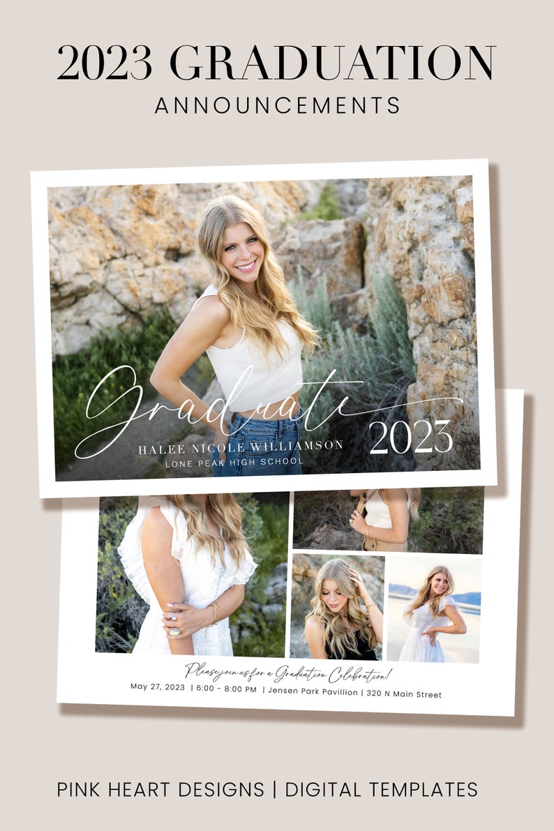 K&ouml;nnte beinhalten: Abschlussanzeigekarte mit einem Foto einer jungen Frau in einem wei&szlig;en Oberteil und Jeans. Die Karte zeigt den Text "Graduate 2023" und den Namen "Halee Nicole Williamson" sowie den Schulnamen "Lone Peak High School". Die Karte enth&auml;lt auch ein Datum und eine Uhrzeit f&uuml;r eine Abschlussfeier.