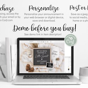 May include: A laptop screen displaying a mockup of a baby announcement design. The design features a chalkboard with the text "We've been keeping a little secret" and a baby onesie with the text "Baby Wilson". The design is surrounded by a neutral-colored blanket and other baby-related items. The laptop screen also shows a calendar with the date September 2023 highlighted. The text "Demo before you buy!" is displayed above the laptop screen.