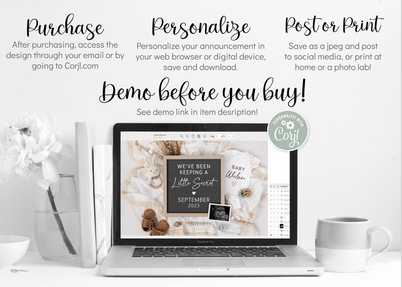 May include: A laptop screen displaying a mockup of a baby announcement design. The design features a chalkboard with the text "We've been keeping a little secret" and a baby onesie with the text "Baby Wilson". The design is surrounded by a neutral-colored blanket and other baby-related items. The laptop screen also shows a calendar with the date September 2023 highlighted. The text "Demo before you buy!" is displayed above the laptop screen.