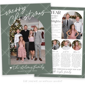 Może przedstawiać: Zielono-biała karta świąteczna w kratkę z fotografią pięcioosobowej rodziny. Na karcie widnieje tekst "merry Christmas" i "The Holmes Family twenty twenty-three". Karta zawiera r&oacute;wnież sekcję z najważniejszymi wydarzeniami z roku, w tym informacje o każdym członku rodziny.