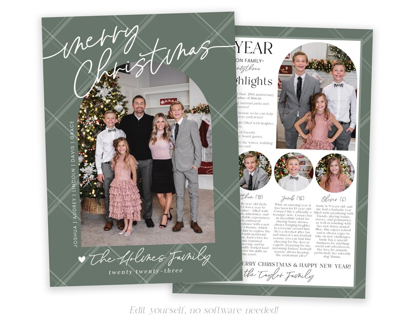 Może przedstawiać: Zielono-biała karta świąteczna w kratkę z fotografią pięcioosobowej rodziny. Na karcie widnieje tekst "merry Christmas" i "The Holmes Family twenty twenty-three". Karta zawiera r&oacute;wnież sekcję z najważniejszymi wydarzeniami z roku, w tym informacje o każdym członku rodziny.