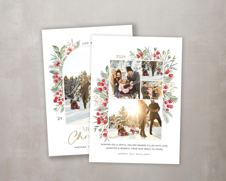 May include: A Christmas card featuring a family portrait with a wintery background. The card has a gold border with a watercolor wreath of greenery and red berries. The text on the card reads "Merry Christmas" and "Wishing you a joyful holiday season filled with love, laughter & warmth, from our family to yours."
