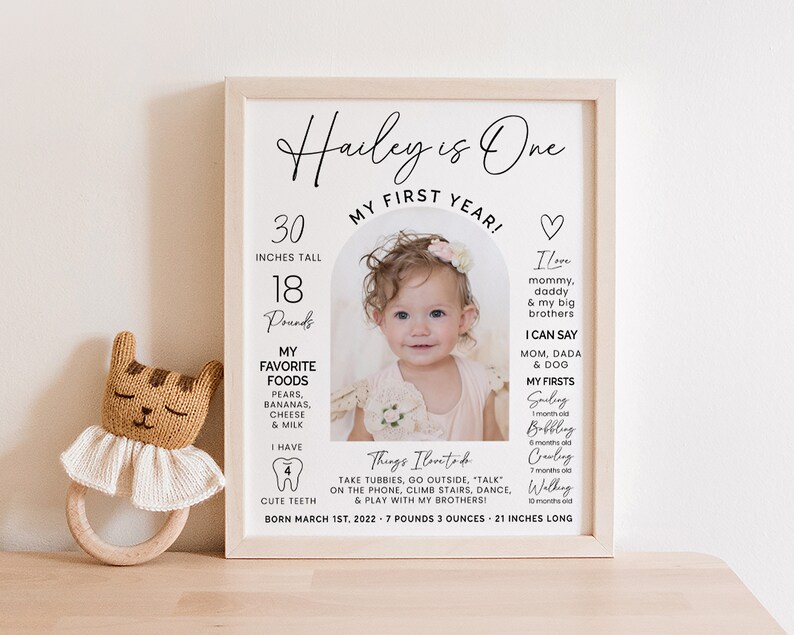 May include: A framed first birthday poster for a baby girl named Hailey. The poster features a photo of the baby, her height and weight, favorite foods, and things she loves to do. The text reads "Hailey is One, My First Year!" and includes the date of her birth: March 1st, 2022.