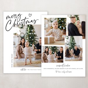 May include: A Christmas card with a collage of photos of a family with a baby. The card has the text "merry Christmas" and "warmest wishes for a wonderful holiday season filled with peace, joy & love." The card also includes the names "Brian, Emily, Harper".