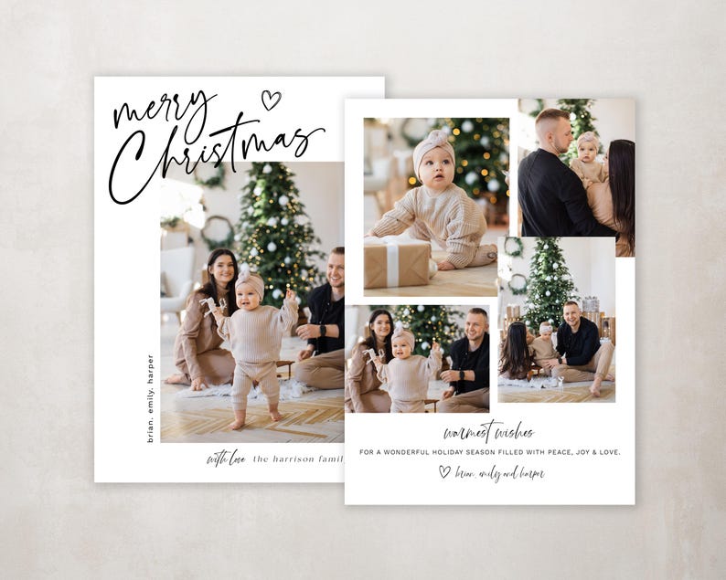 May include: A Christmas card with a collage of photos of a family with a baby. The card has the text "merry Christmas" and "warmest wishes for a wonderful holiday season filled with peace, joy & love." The card also includes the names "Brian, Emily, Harper".