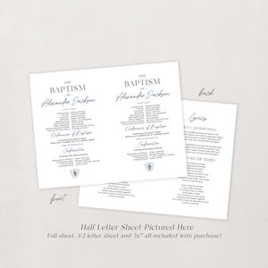 May include: A printable baptism program with a blue and white color scheme. The front of the program features the text "The Baptism of Alexander Jackson" and a list of the order of service. The back of the program features the lyrics to two hymns: "When I Am Baptized" and "I See The Temple".