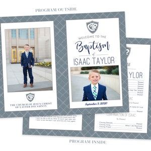 May include: A program for a baptism and confirmation ceremony for Isaac Taylor. The program includes a photo of Isaac in a suit, the date of the ceremony, and the names of the people participating in the ceremony.