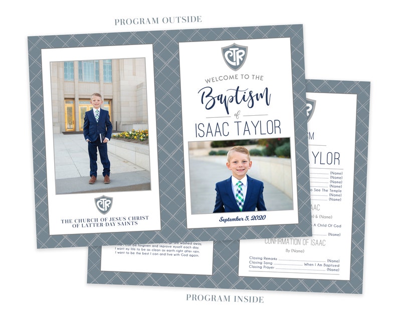 May include: A program for a baptism and confirmation ceremony for Isaac Taylor. The program includes a photo of Isaac in a suit, the date of the ceremony, and the names of the people participating in the ceremony.