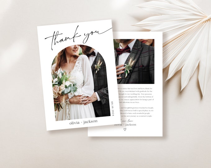 Minimalist Wedding Thank You Card with Arch Photo: Modern Editable Thank You Template, Personalized Wedding Note, Corjl Digital Download