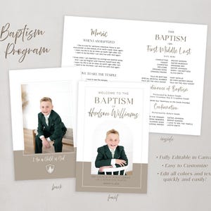 Peut inclure: Un programme de baptême avec une photo d'un jeune garçon en costume vert foncé. Le programme comprend le texte "Baptism Program", "Welcome to the Baptism of Hudson Williams", et "I am a Child of God".