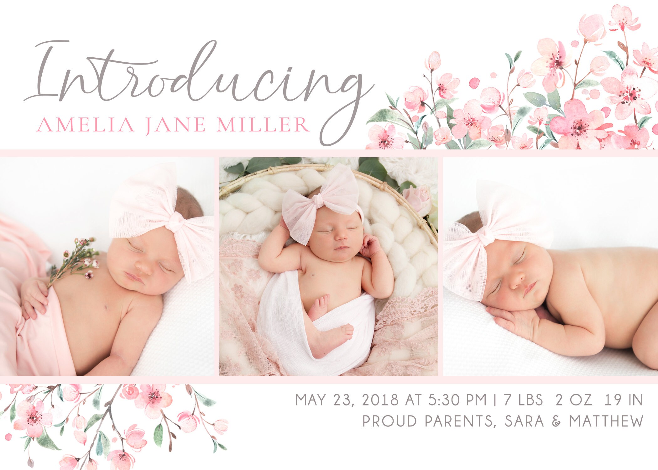 Floral Birth Announcement Card Birth Announcement Girl Birth 