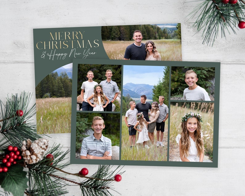 May include: A collage of family photos with a green background and the text "Merry Christmas & Happy New Year" in gold lettering.