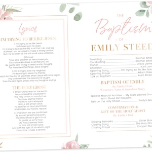May include: A pink and green floral design with gold text. The text reads "The Baptism of Emily Steed" and includes the order of service for the baptism. The order of service includes the names of the officiant, the witnesses, the special musical number, and the closing remarks.
