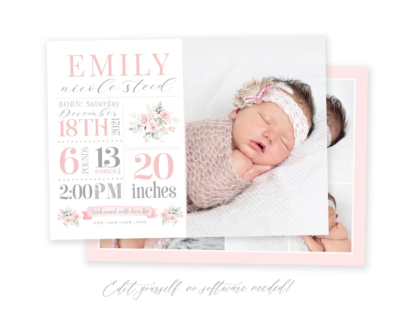 May include: A pink and gray baby announcement card with a photo of a newborn baby girl. The card includes the baby's name, birth date, time, weight, and length. The text reads "EMILY nicole steed BORN: Saturday December 18TH 2021 6 pounds 13 ounces 20 inches 2:00PM Welcomed with love by NAME NAME NAME NAME".