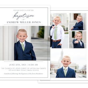 May include: A baptism invitation for Andrew Miller Jones. The invitation includes a photo of the boy in a blue suit and green tie, and a collage of photos of him in different poses. The invitation includes the date and time of the baptism, the location, and the address of the church. It also includes information about a luncheon following the baptism.