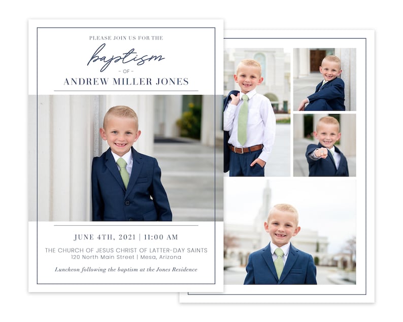 May include: A baptism invitation for Andrew Miller Jones. The invitation includes a photo of the boy in a blue suit and green tie, and a collage of photos of him in different poses. The invitation includes the date and time of the baptism, the location, and the address of the church. It also includes information about a luncheon following the baptism.