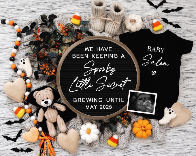 Halloween Digital Pregnancy Announcement Cute Fall Baby Announcement October Editable Template Instant Download Gender Neutral Spooky Secret