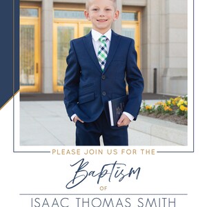 May include: An invitation for the baptism of Isaac Thomas Smith. The invitation features a young boy in a navy blue suit and a green and white checkered tie. The text reads "Please join us for the Baptism of Isaac Thomas Smith."