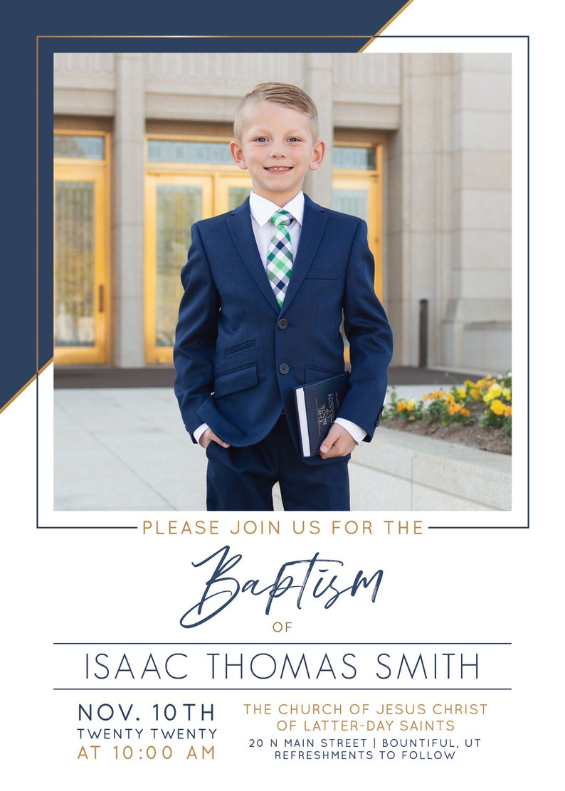 May include: An invitation for the baptism of Isaac Thomas Smith. The invitation features a young boy in a navy blue suit and a green and white checkered tie. The text reads "Please join us for the Baptism of Isaac Thomas Smith."