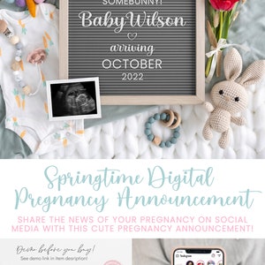 May include: A digital pregnancy announcement template featuring a letter board with the text "We're Eggspecting Somebunny! Baby Wilson arriving October 2022". The template also includes a baby onesie, a bunny toy, a sonogram image, and a bouquet of flowers.