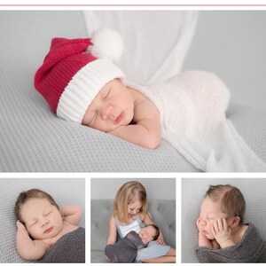 May include: A Christmas-themed birth announcement card with a photo of a newborn baby wearing a red and white Santa hat. The card includes the baby's name, birth date, weight, and length. The card is decorated with a green and red holly sprig.