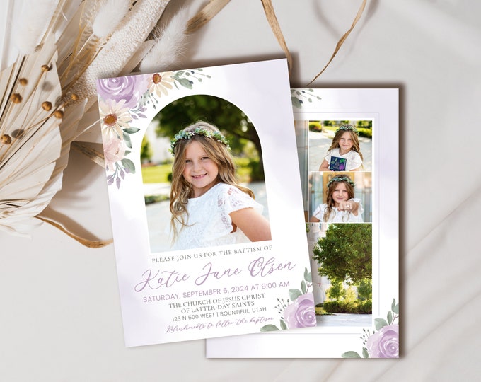 Customizable LDS Baptism Invitation for Girls | Purple Baptism Template | Lavender | 5x7 Corjl Template for Baptism Announcements