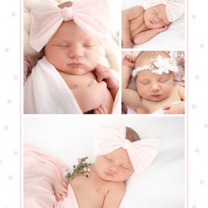 May include: A collage of four photos of a newborn baby girl wearing pink bows and headbands. The baby is sleeping in each photo and is wrapped in a white blanket.