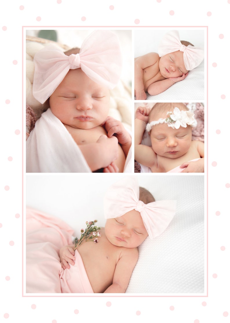 May include: A collage of four photos of a newborn baby girl wearing pink bows and headbands. The baby is sleeping in each photo and is wrapped in a white blanket.
