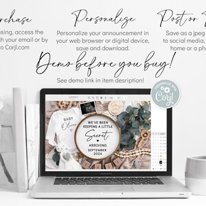 May include: A laptop screen displaying a digital design template for a baby announcement. The design features a round wooden sign with the text "We've been keeping a little secret" and "Arriving September 2024". The design also includes a baby onesie with the text "Baby Olivia" and a small wooden sign with the text "Olivia". The design is surrounded by eucalyptus leaves, wooden beads, and other decorative elements. The laptop screen also displays a Corjl logo and the text "Personalize with Corjl".