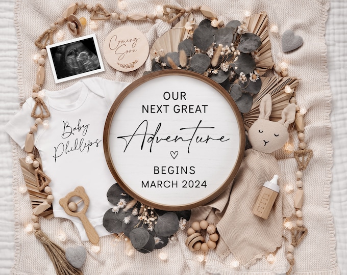 Our Next Great Adventure Baby Announcement - Pregnancy Announcement with Lights - Customizable with Sonogram - Instant Download. - Corjl