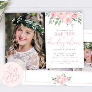 May include: A pink and green floral baptism invitation with a photo of a young girl wearing a white dress and a flower crown. The invitation includes the text "PLEASE JOIN US FOR THE BAPTISM OF harley olsen 5.10.2020 AT 10:00 AM THE CHURCH OF JESUS CHRIST OF LATTER-DAY SAINTS 1800 MUELLER PARK RD | BOUNTIFUL Open house to follow the baptism at Emily's home"