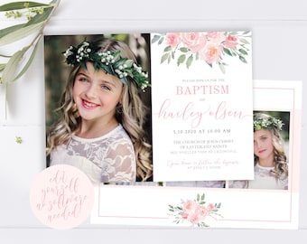 Floral Watercolor LDS Baptism Invitation Girl (Digital Product)