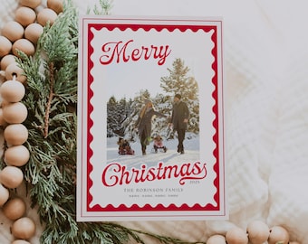 Retro Red Scalloped Christmas Photo Card Template, Editable Canva Holiday Design