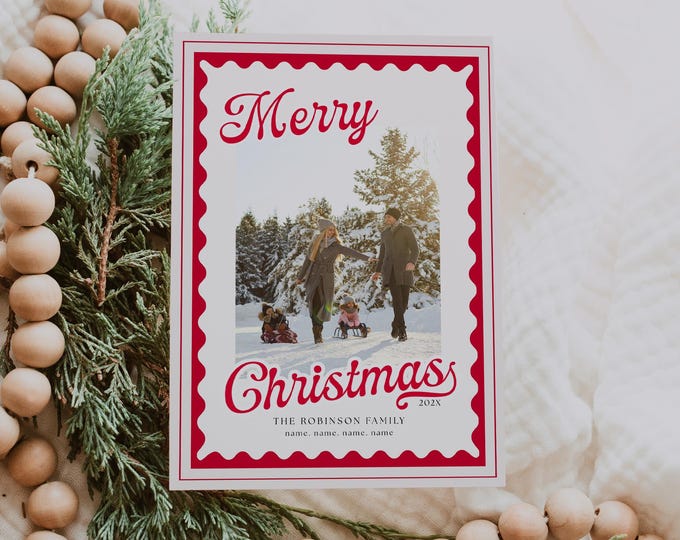 Retro Red Scalloped Christmas Photo Card Template, Editable Canva Holiday Design