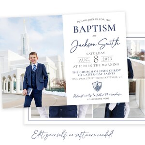 May include: A baptism invitation with a photo of a young boy in a suit standing in front of a white church. The invitation includes the text "PLEASE JOIN US FOR THE BAPTISM OF Jackson Smith SATURDAY AUG. 8 2023 AT 10:00 IN THE MORNING THE CHURCH OF JESUS CHRIST OF LATTER-DAY SAINTS 125 N PARK STREET 100 W | KAYSVILLE, UT Refreshments to follow the baptism AT JACKSON'S HOME"