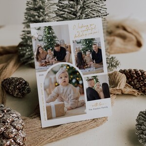 May include: A Christmas card featuring a family of four with a festive Christmas tree in the background. The card has a gold border and the text "Wishing you a wonderful holiday season!" and "with love, The Preston Family".