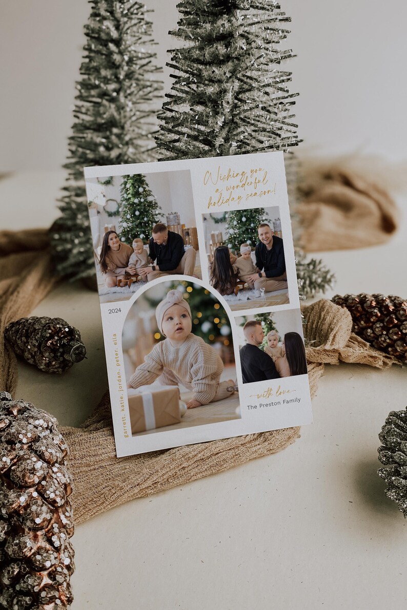 May include: A Christmas card featuring a family of four with a festive Christmas tree in the background. The card has a gold border and the text "Wishing you a wonderful holiday season!" and "with love, The Preston Family".