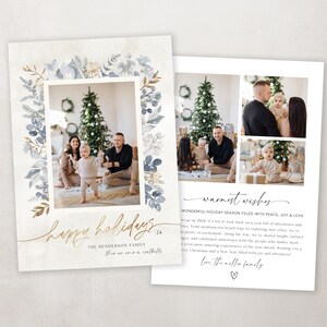 May include: A blue and gold holiday card with a family photo and a message that reads "Happy Holidays 2024 The Henderson Family warmest wishes WONDERFUL HOLIDAY SEASON FILLED WITH PEACE, JOY & LOVE love, the meller family".