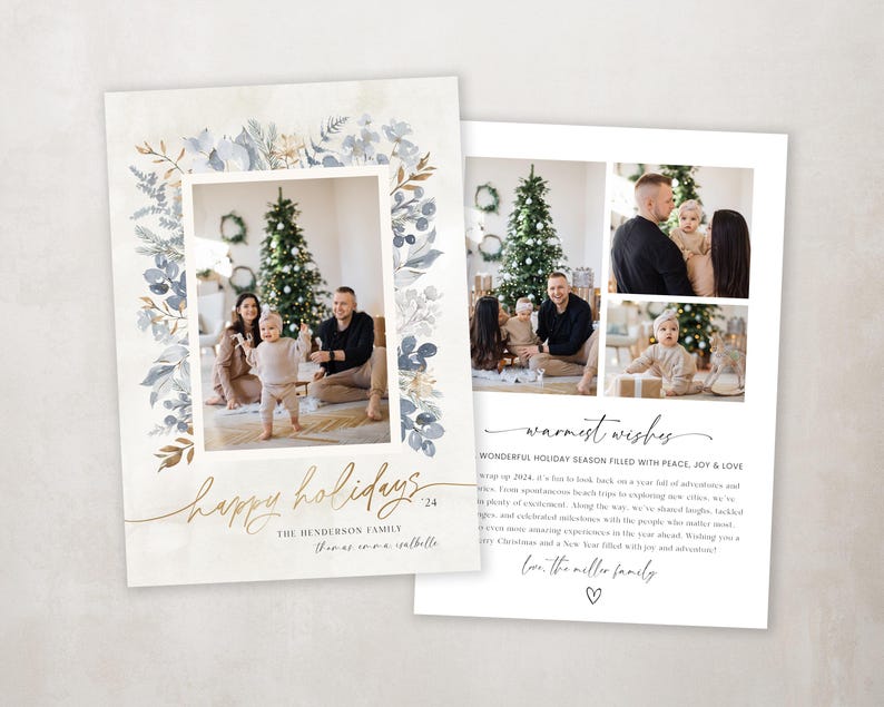 May include: A blue and gold holiday card with a family photo and a message that reads "Happy Holidays 2024 The Henderson Family warmest wishes WONDERFUL HOLIDAY SEASON FILLED WITH PEACE, JOY & LOVE love, the meller family".