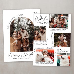 May include: A Christmas card featuring a collage of family photos with a white background. The text "The Holbrook Family" is at the top of the card, and the text "What a Year" is in the upper right corner. The text "Merry Christmas" is at the bottom of the card, along with the names "James, Allison, Harper, Hazel".