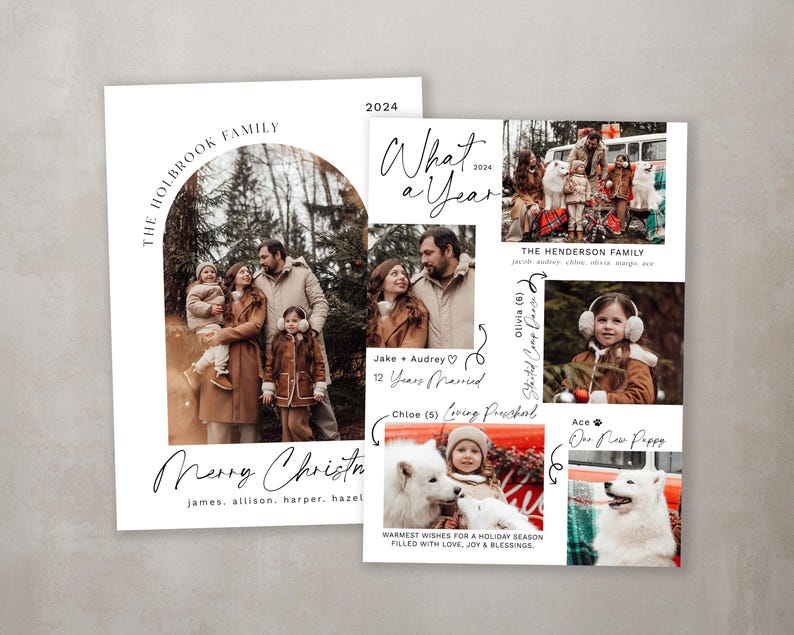 May include: A Christmas card featuring a collage of family photos with a white background. The text "The Holbrook Family" is at the top of the card, and the text "What a Year" is in the upper right corner. The text "Merry Christmas" is at the bottom of the card, along with the names "James, Allison, Harper, Hazel".