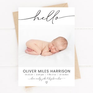 May include: A white card with black text announcing the birth of Oliver Miles Harrison. The card includes the baby's birth date, time, weight, and length. The text "hello" is written in cursive at the top of the card. A photo of a newborn baby is in the center of the card.